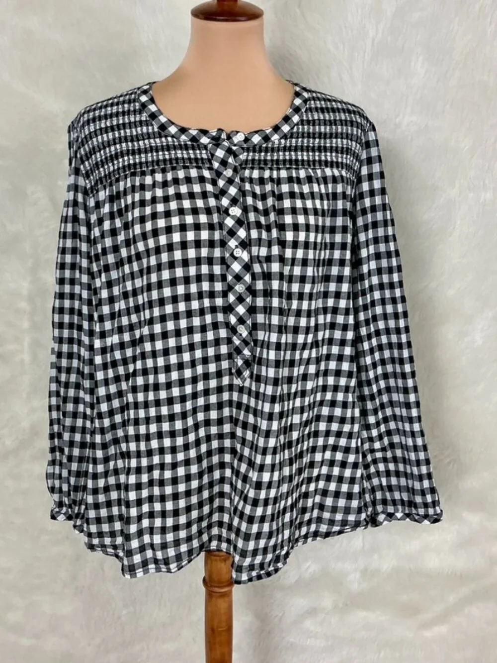 J. Crew Black & White Crinkle Gingham Plaid Smocked Popover Top Plus Size 3X
